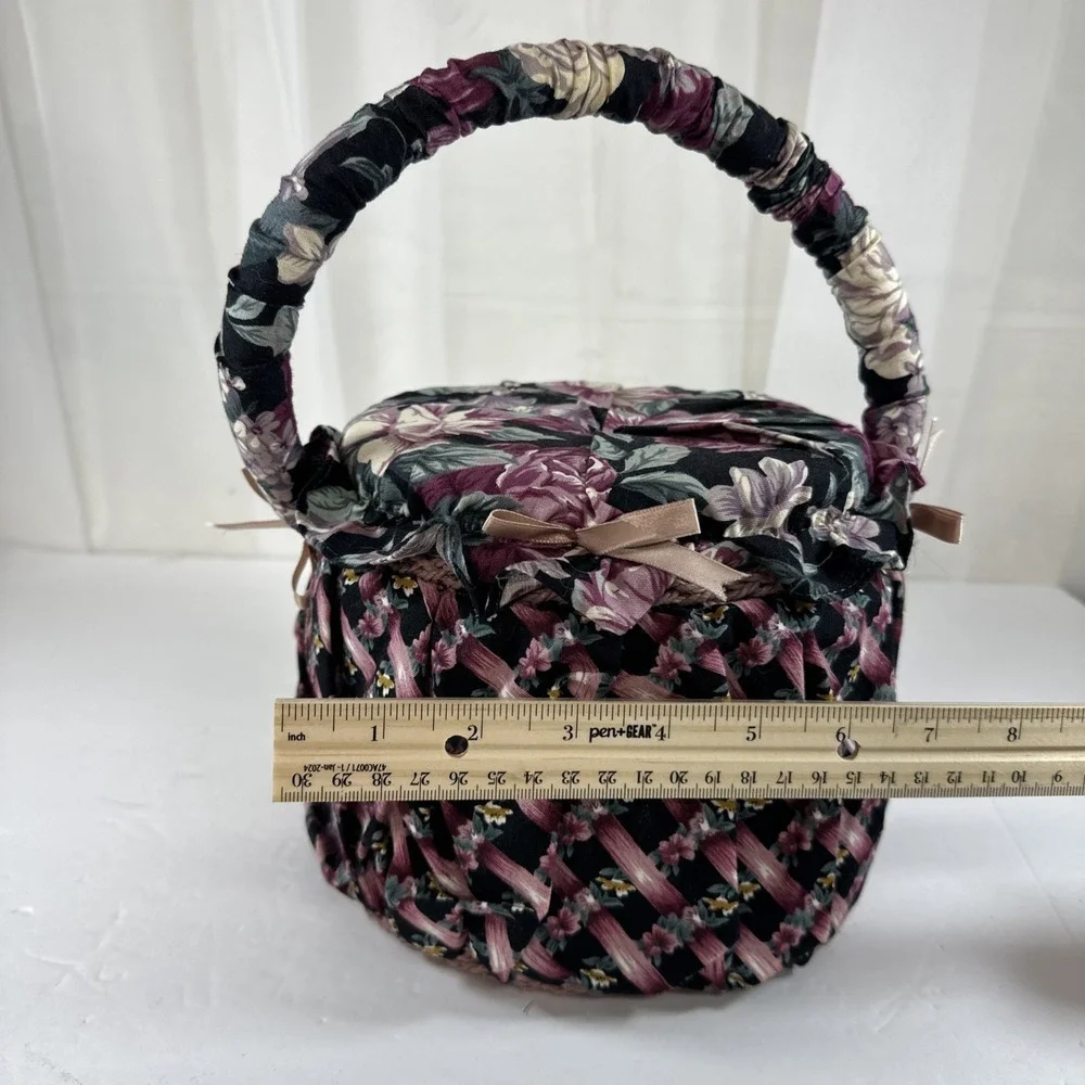 Vintage Fabric Sewing Box With Handle Floral Storage Black Purple Pink Green